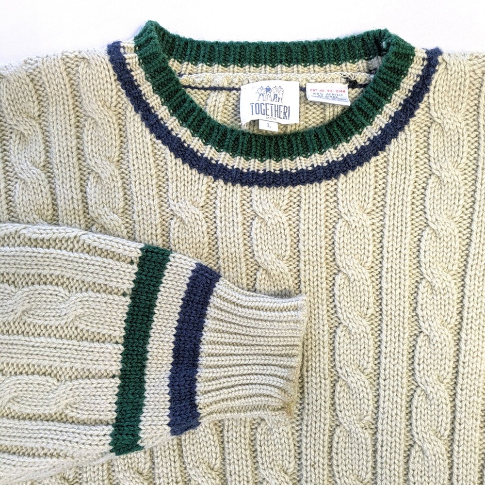 Together Men Vintage Cable Knit Sweater Cream Green Blue Stripe 90s Prep Large